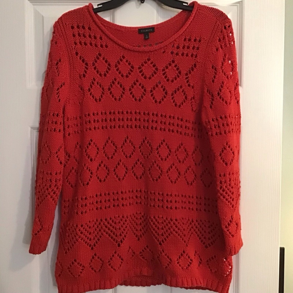 Talbots Sz M Red Open Crochet Roll Neck 3/4 Sleeve Sweater